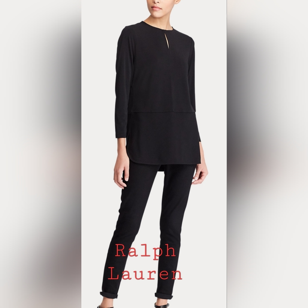 Ralph Lauren Lux Soft Black Keyhole Jersey Top Shirt Womens Size Medium NWT